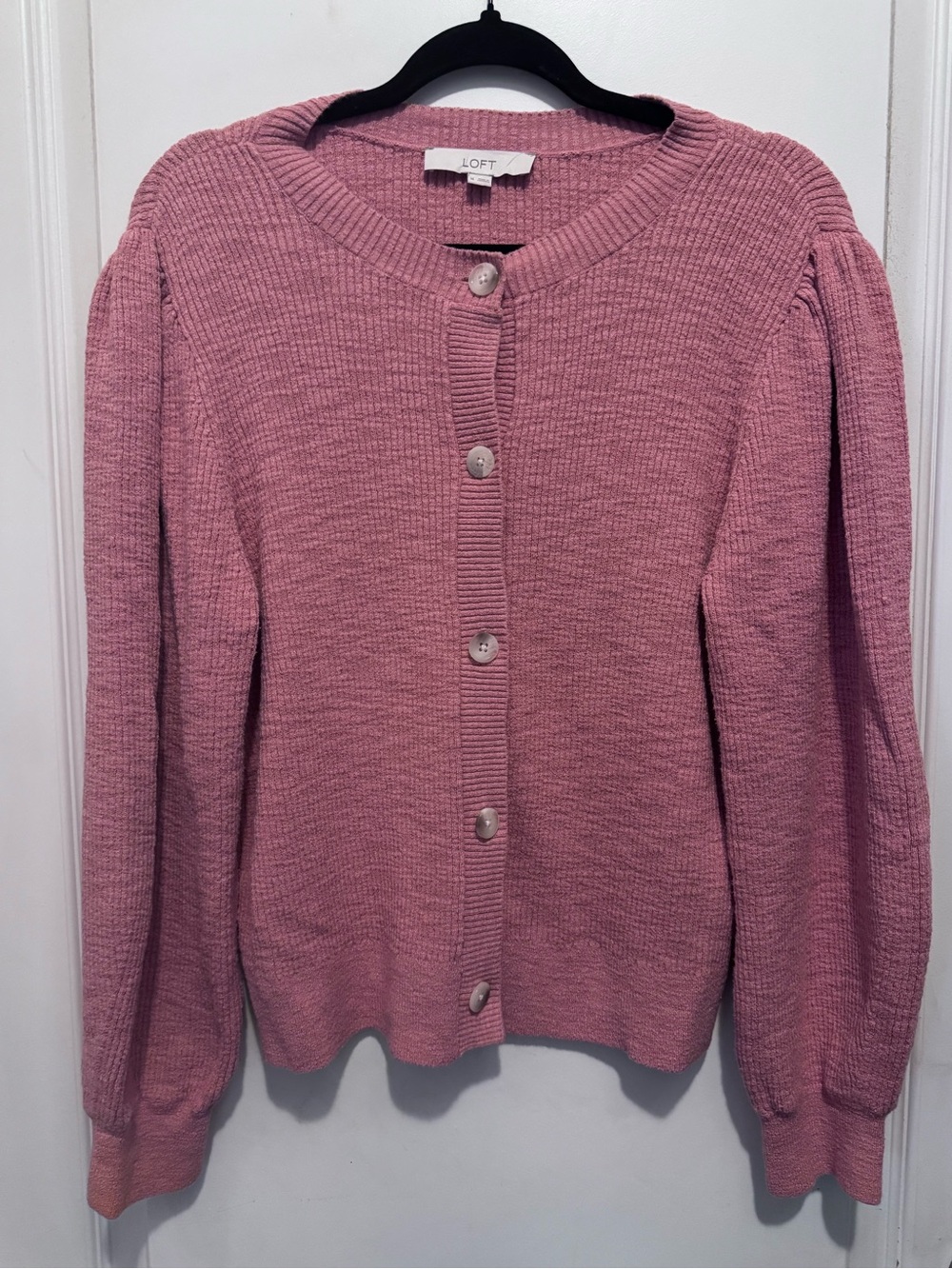 LOFT Dusty Rose Button-Front Ribbed Cardigan